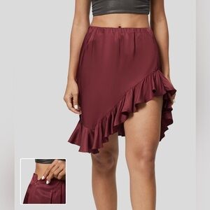 Halara Mid Rise Asymmetric Ruffle Hem Solid Mini Satin-Like Party Skirt